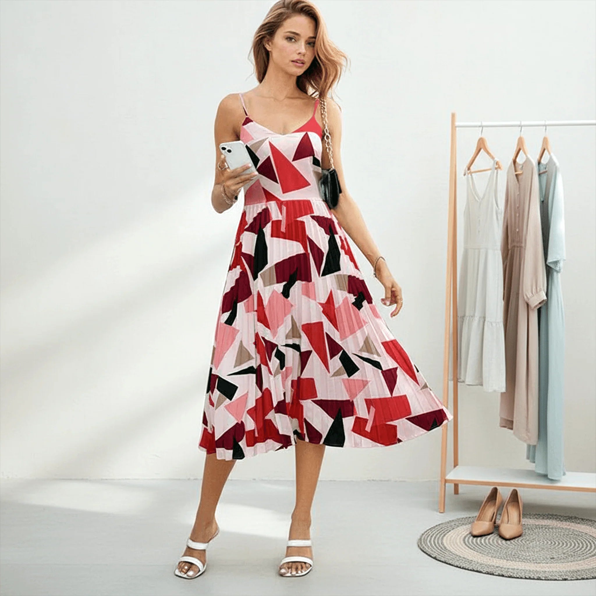 A woman models a sleeveless midi dress with thin straps and an abstract geometric print in red, pink, black, and beige. She is standing in a bright studio next to a clothing rack with other dresses.