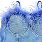 Denim Corset Tops with Faux Fur Trim