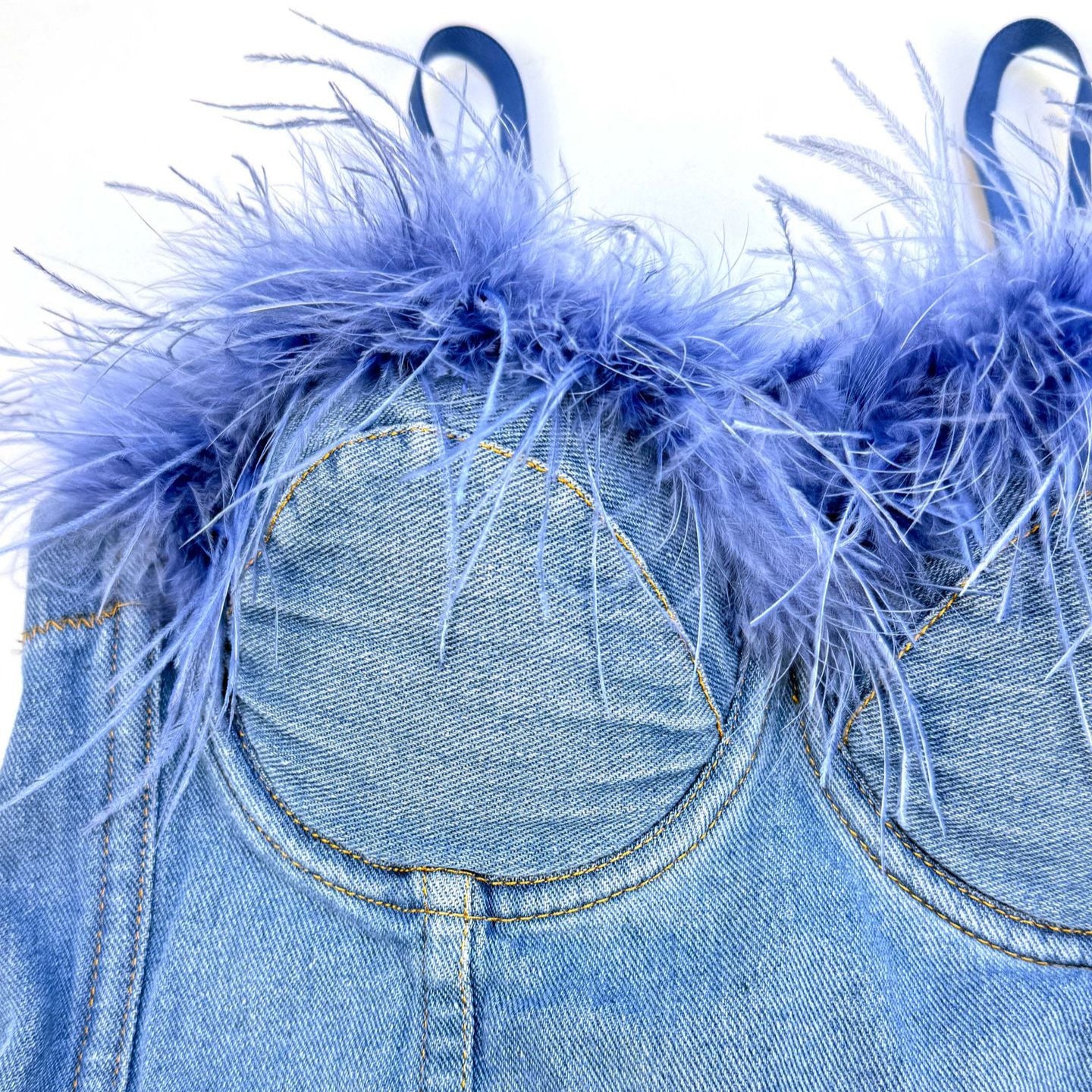 Denim Corset Tops with Faux Fur Trim