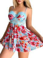 Lace floral babydoll lingerie set in blue with vibrant floral pattern for a feminine touch