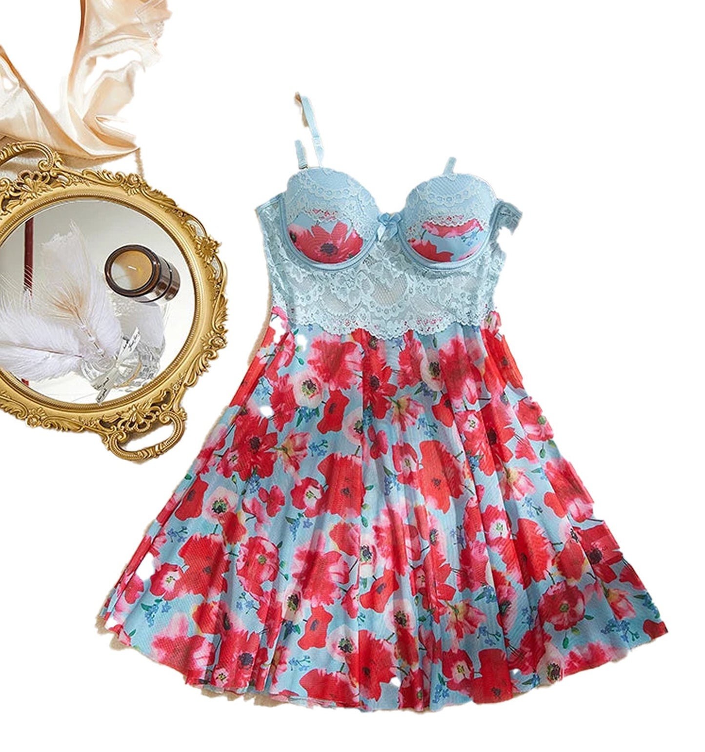 Lace floral babydoll lingerie set in blue with vibrant red flowers and adjustable straps for a romantic look