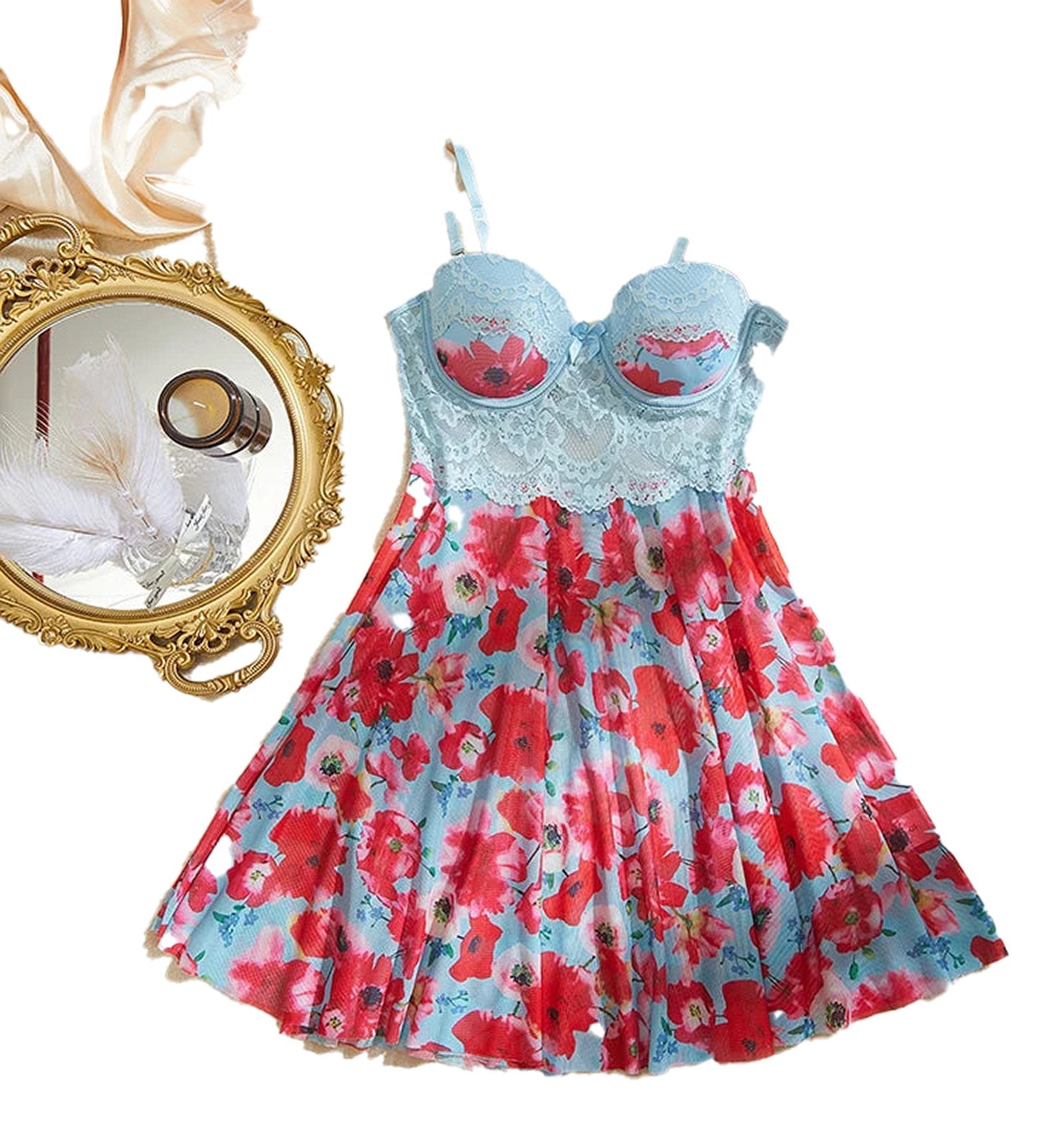 Lace floral babydoll lingerie set in blue with vibrant red flowers and adjustable straps for a romantic look
