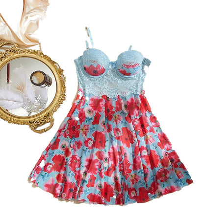 Lace floral babydoll lingerie set in blue with vibrant red flowers and adjustable straps for a romantic look