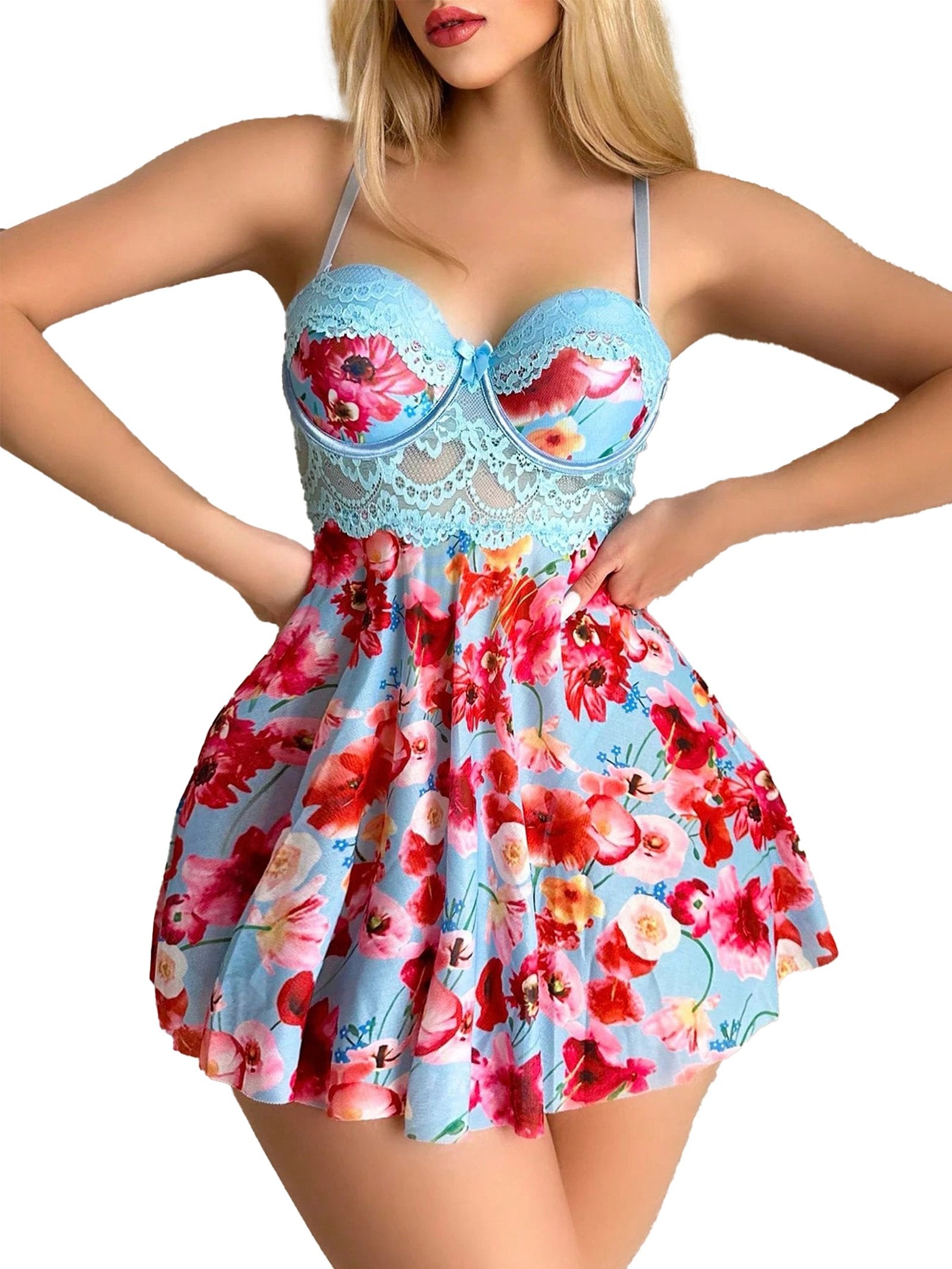Lace floral babydoll lingerie set in blue with vibrant floral patterns, featuring a fitted bodice and flared skirt.