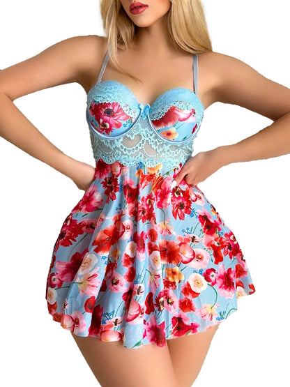 Lace floral babydoll lingerie set in blue with vibrant floral patterns, featuring a fitted bodice and flared skirt.
