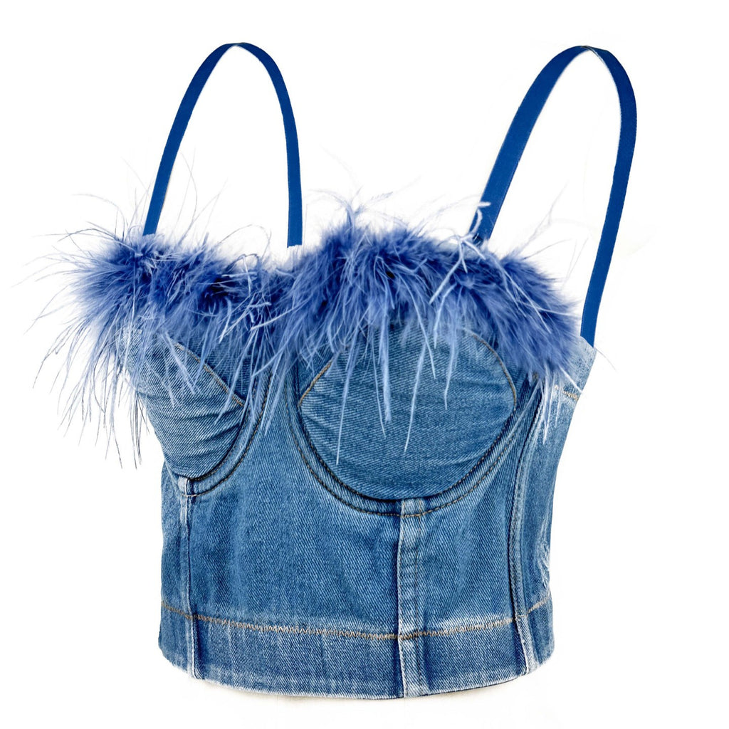 Denim Corset Tops with Faux Fur Trim