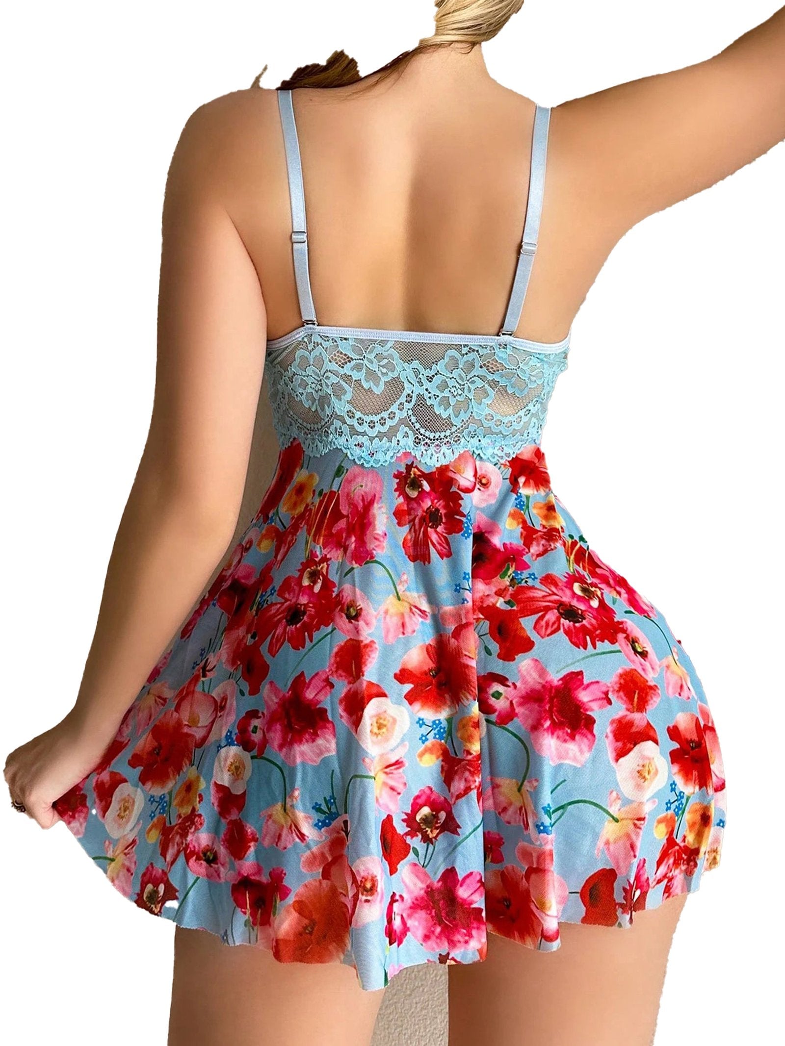 Lace floral babydoll lingerie set in blue with vibrant flower patterns and adjustable straps