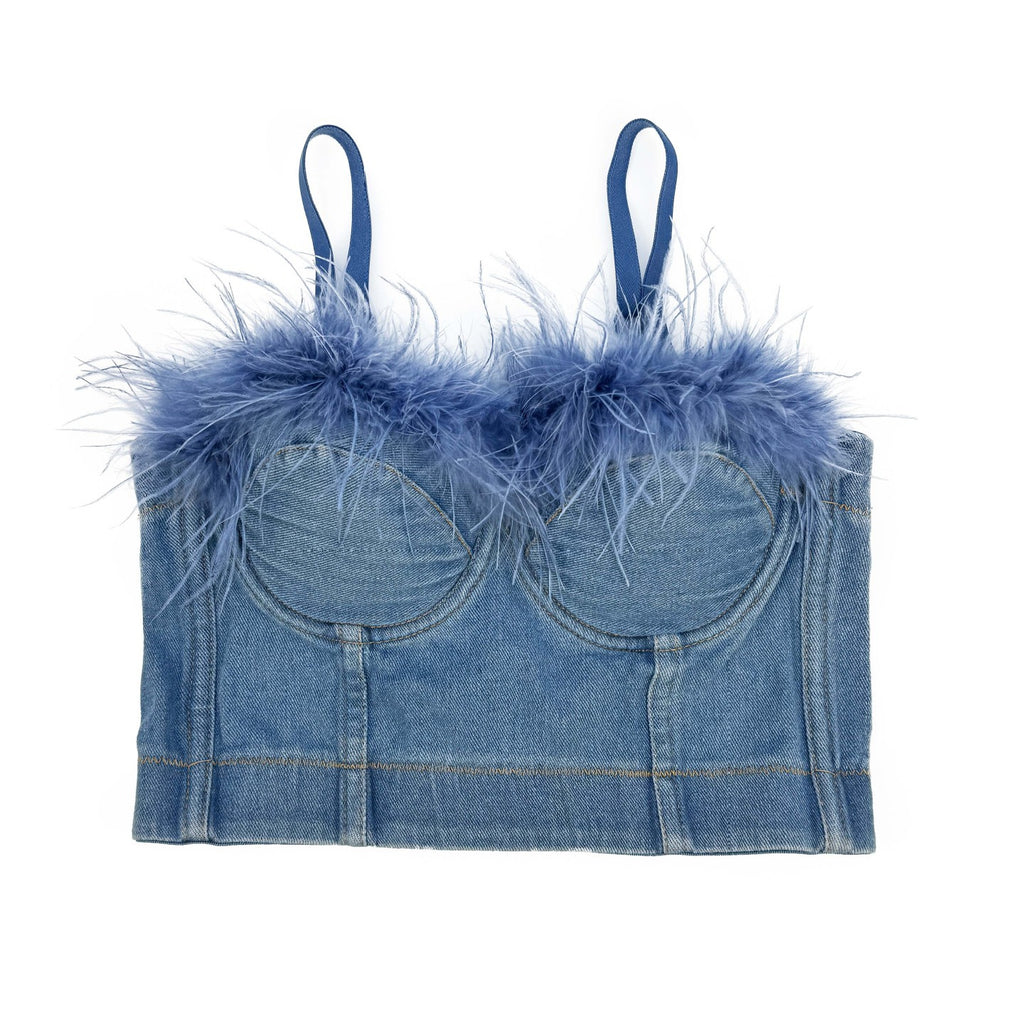 Denim Corset Tops with Faux Fur Trim