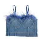 Denim Corset Tops with Faux Fur Trim