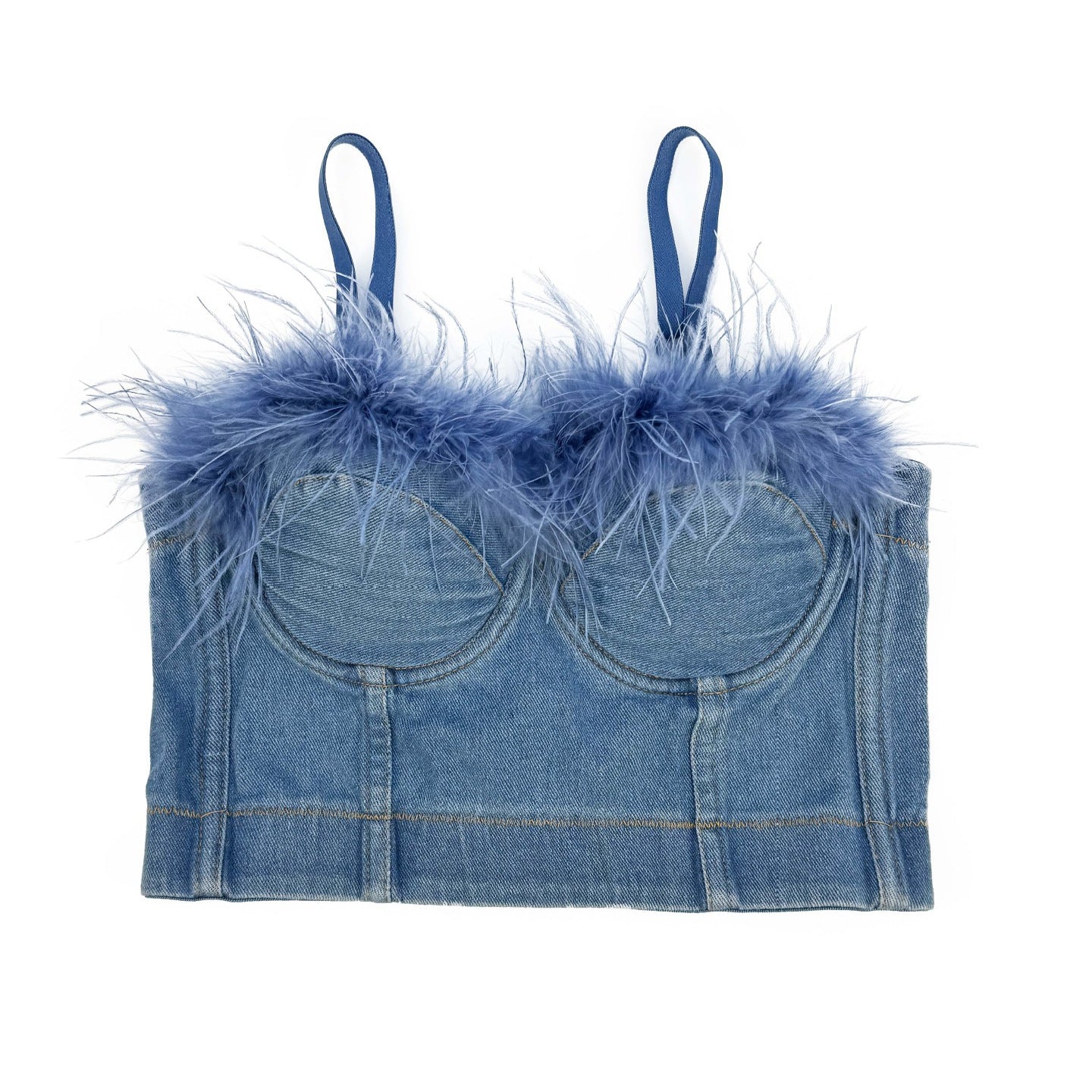 Denim Corset Tops with Faux Fur Trim