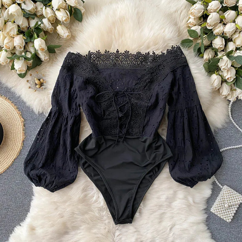 Lace - Up Off - Shoulder Lantern Sleeve Bodysuit
