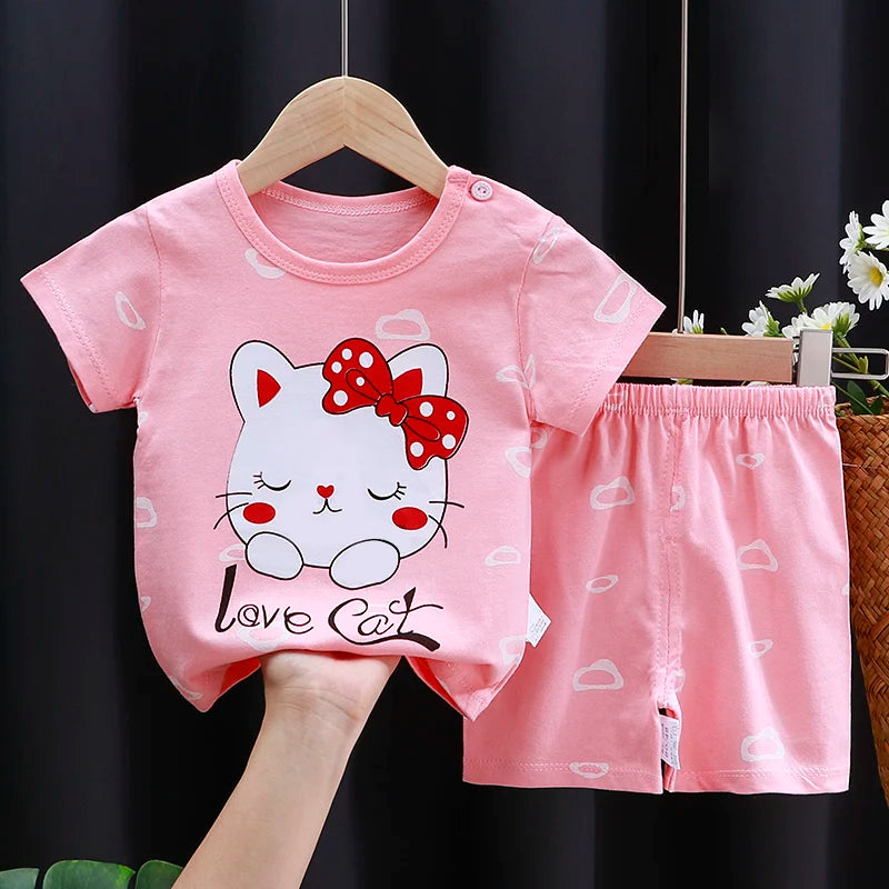 Kids Cotton Cartoon Casual Summer T - Shirt and Shorts Tracksuit Set
