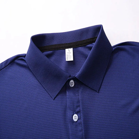 LuckeLadybug men's quick dry polo shirt in navy blue with a classic collar and button closure