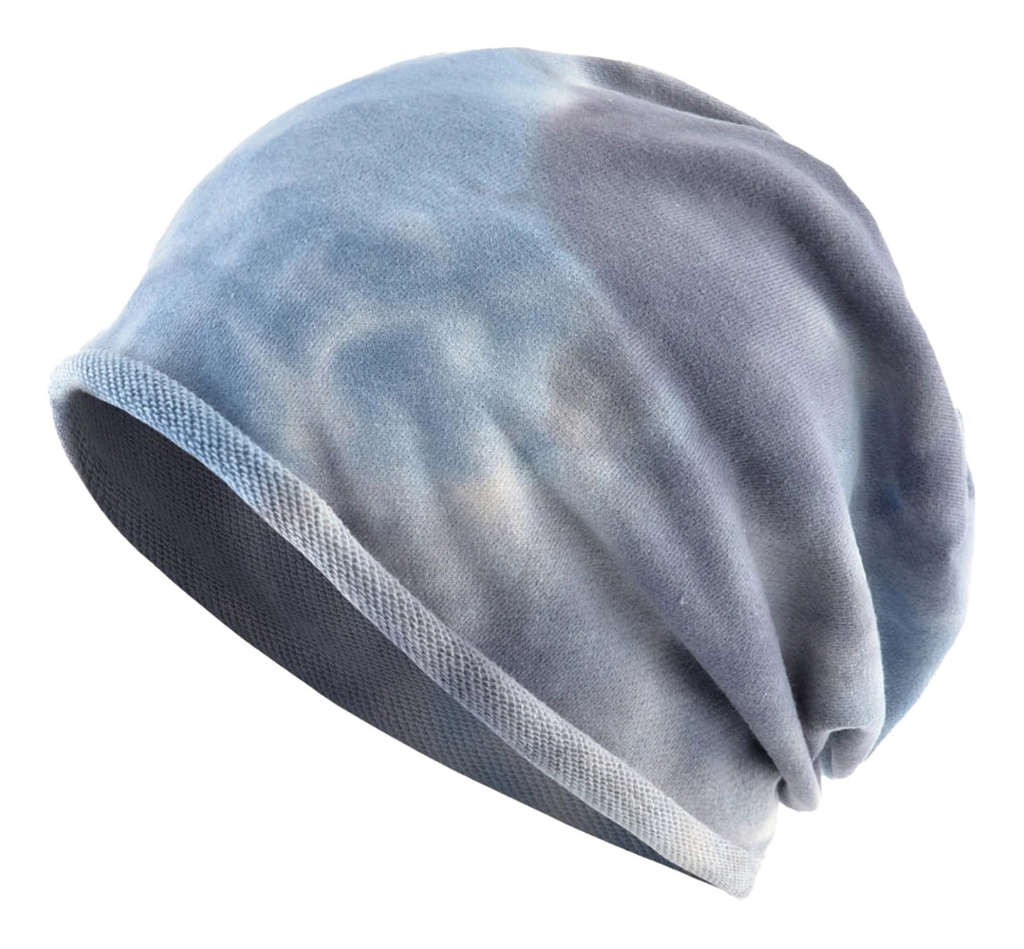 Lightweight blue tie-dye spring summer beanie for women by LuckeLadybug LLC
