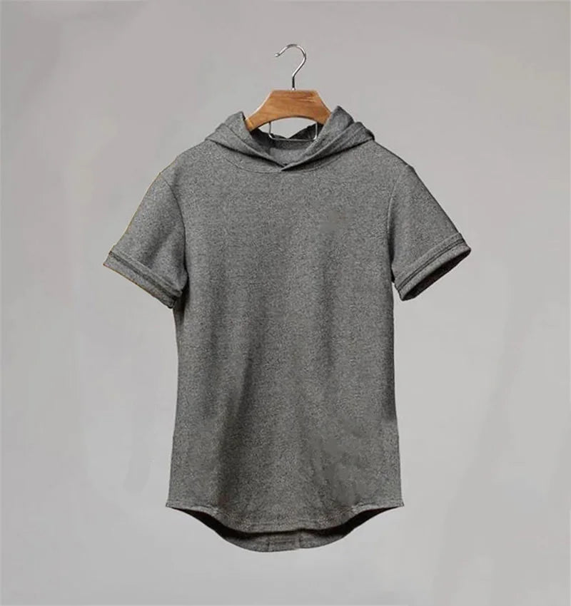 Mens Short Sleeve Hooded Bodybuilding Gym Pullover