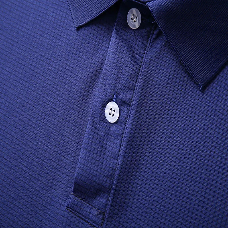 Men's quick dry polo shirt in navy blue with a textured pattern and buttoned collar