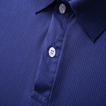 Men's quick dry polo shirt in navy blue with a textured pattern and buttoned collar