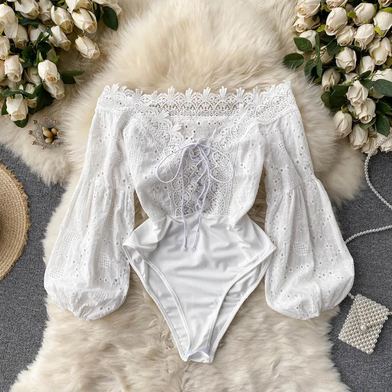 Lace - Up Off - Shoulder Lantern Sleeve Bodysuit