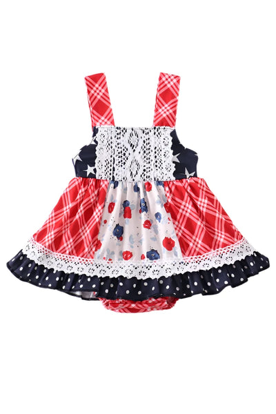 Adorable Patriotic Floral Plaid Lace Girl Bubble For Fashionable Babies And Toddlers - LuckeLadybug LLC