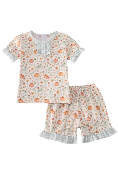 Adorable Green Pumpkin Print Girl Ruffle Shorts Set For Happy Babies & Toddlers - LuckeLadybug LLC