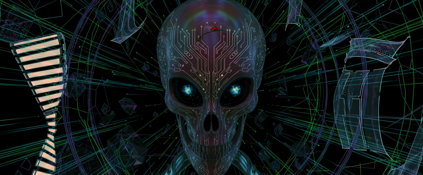 Alien creature with glowing eyes and intricate design on a dark background