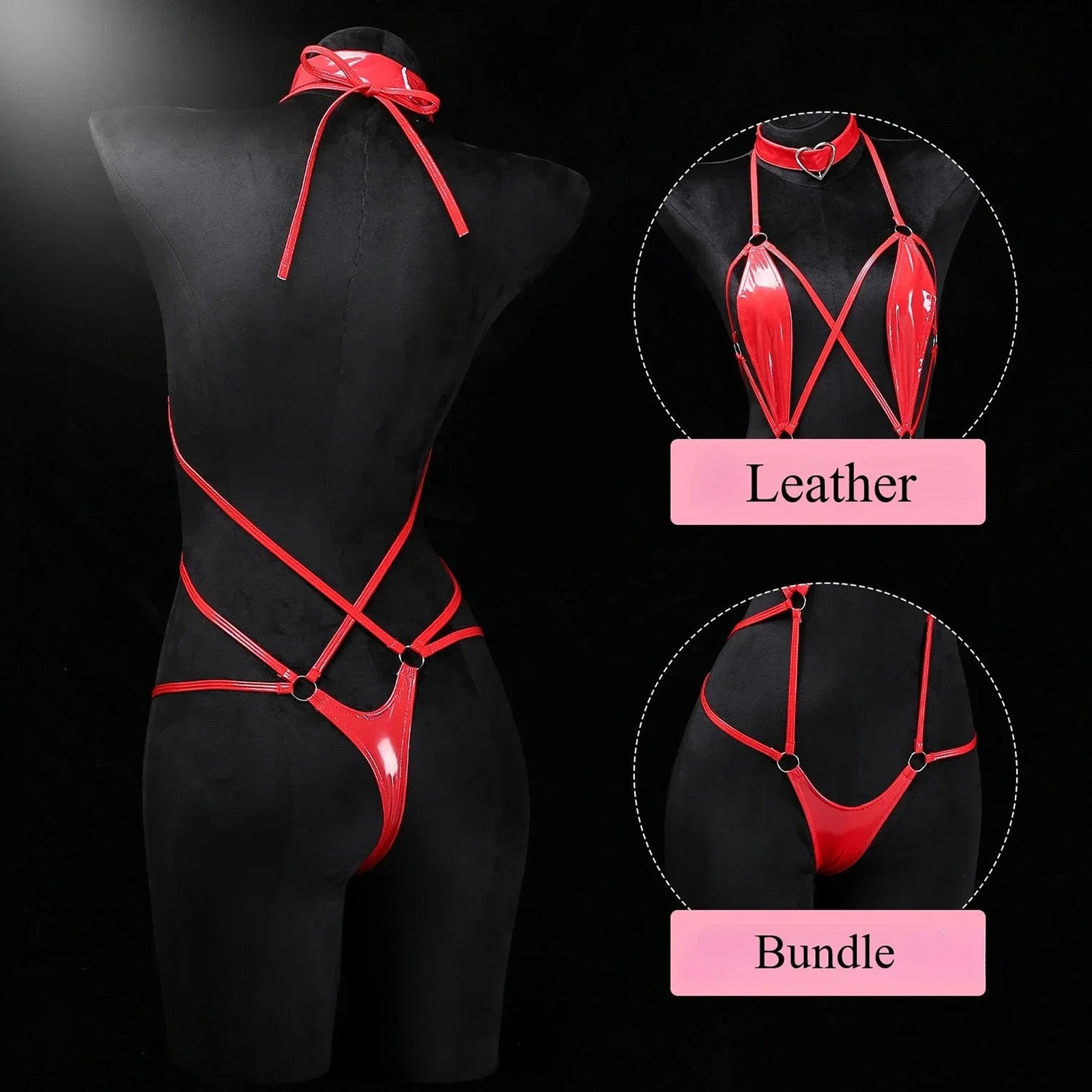 Leather Crotchless Bodysuit With Collar