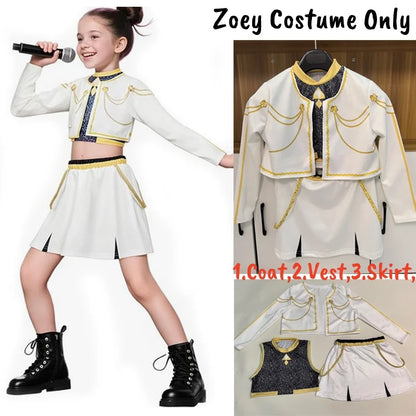 K-Pop demon hunters costume for kids featuring a stylish white coat and skirt with gold accents