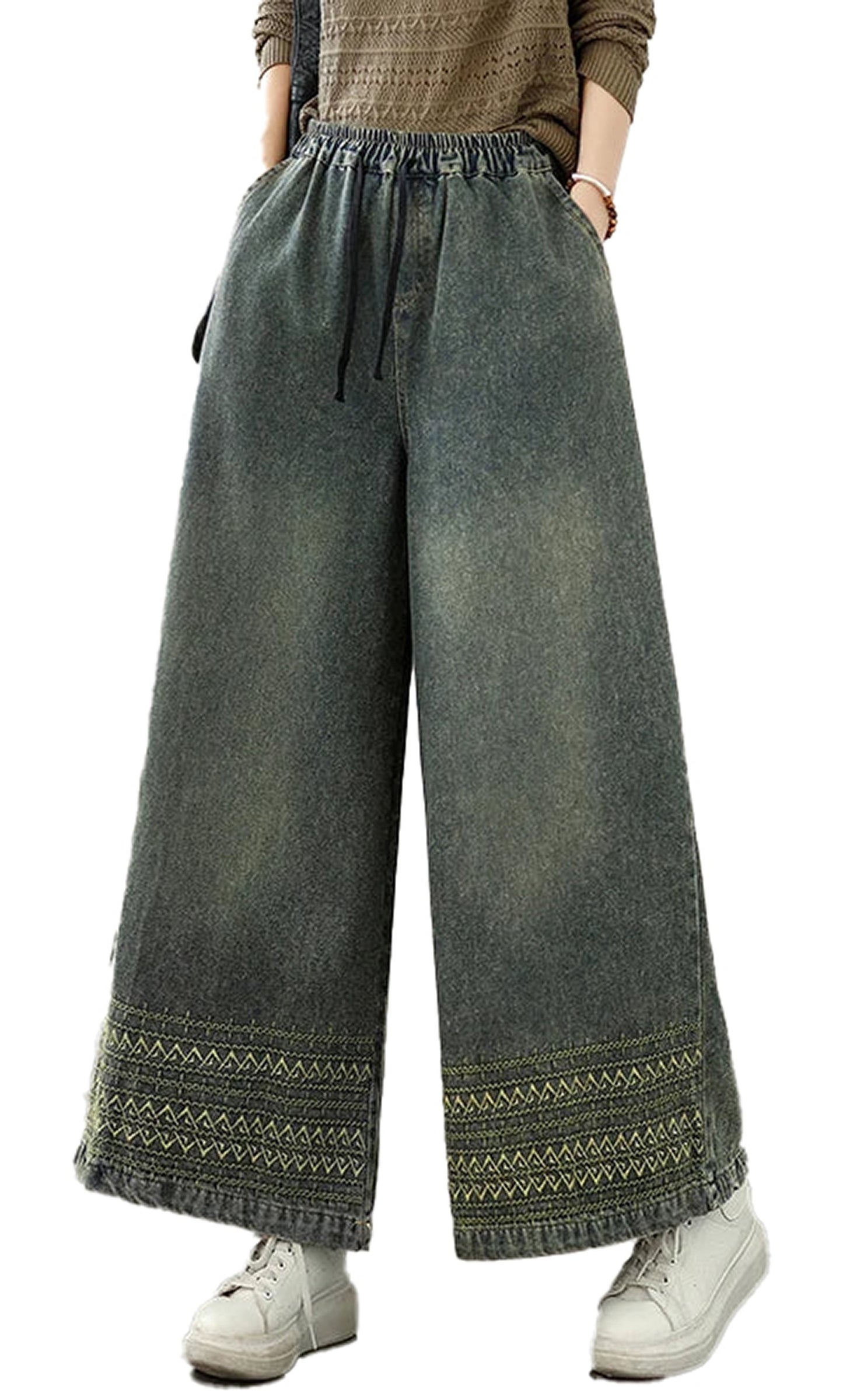 Embroidered Wide Leg Jeans For Women