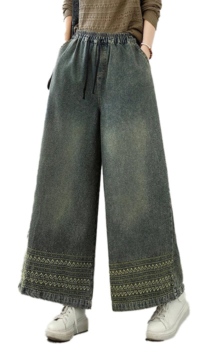 Embroidered Wide Leg Jeans For Women