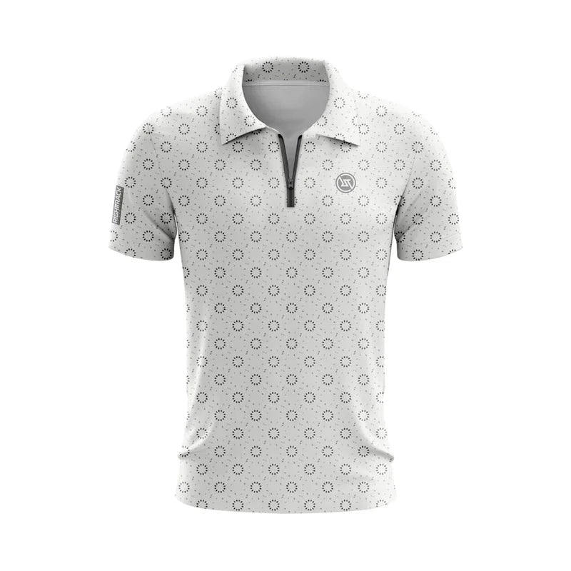 LuckeLadybug men's zippered polo shirt in white with a stylish pattern for casual wear