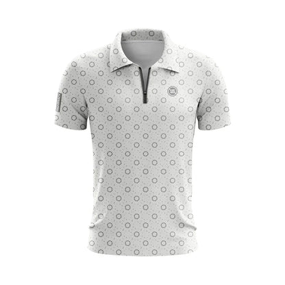 LuckeLadybug men's zippered polo shirt in white with a stylish pattern for casual wear
