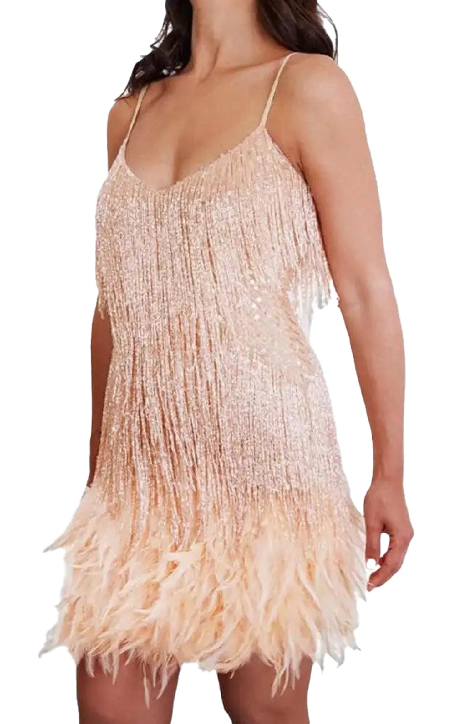 Glamorous white gold tassel mini dress with fringe detailing and a fitted silhouette