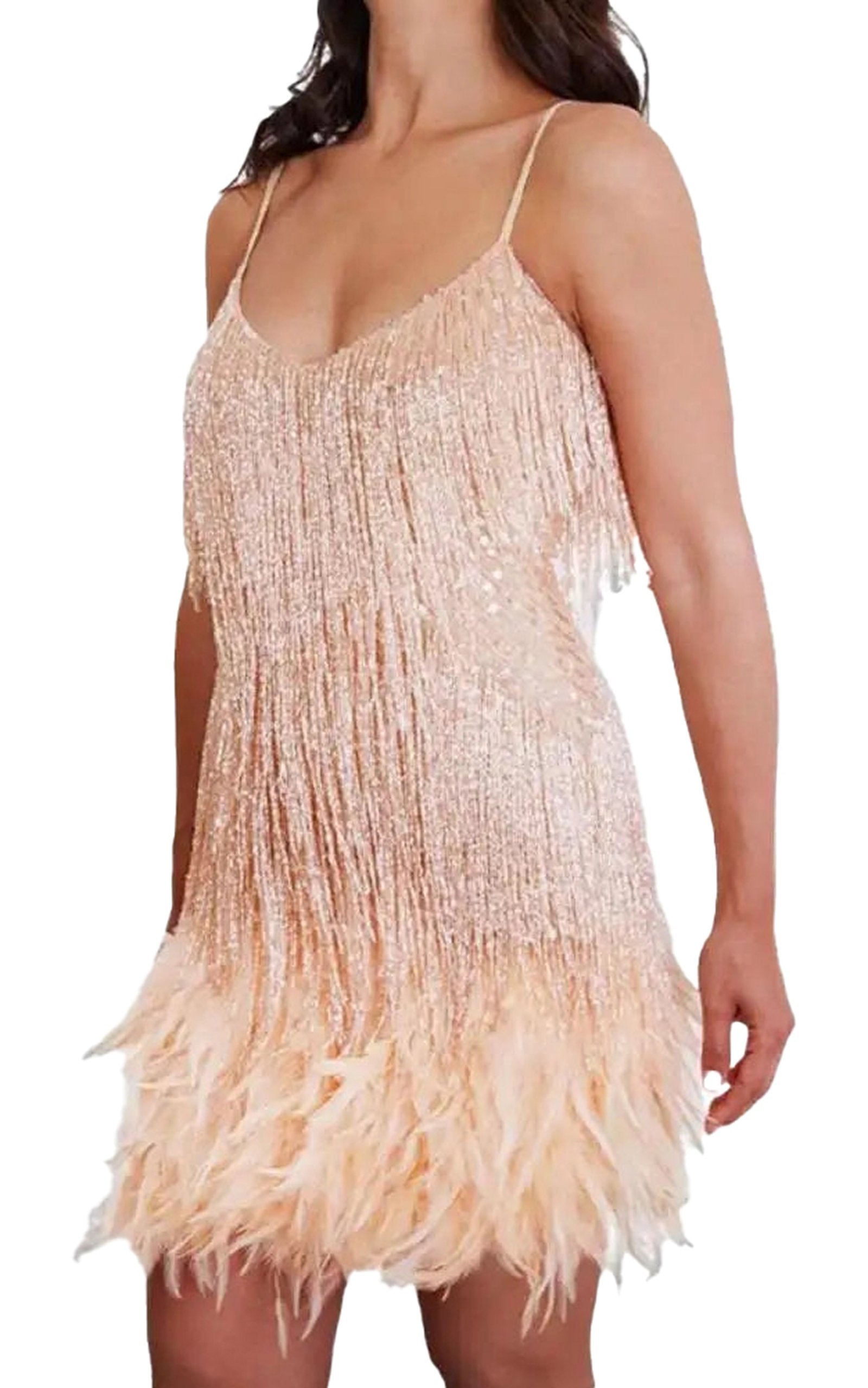 Glamorous white gold tassel mini dress with fringe detailing and a fitted silhouette