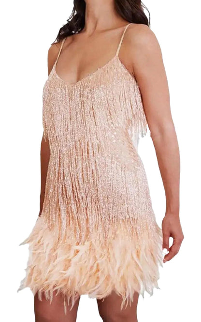 Glamorous white gold tassel mini dress with fringe detailing and a fitted silhouette