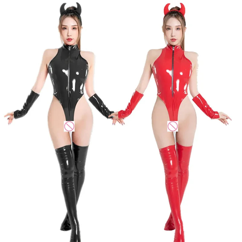Shiny Faux Leather Bodysuit For Women