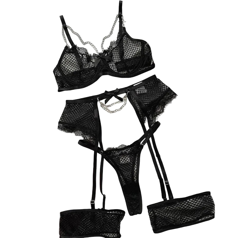Lace Garter Lingerie Set with Underwire Bra, Panty, and Thong