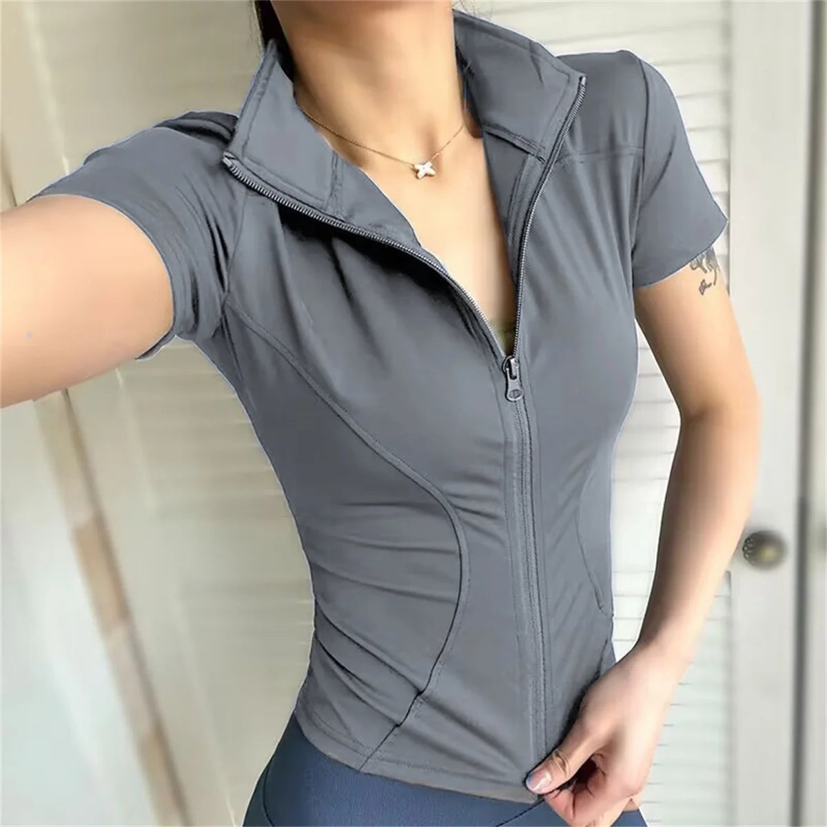 Womens Casual Slim Sports Coat Short Sleeve Zipper Top