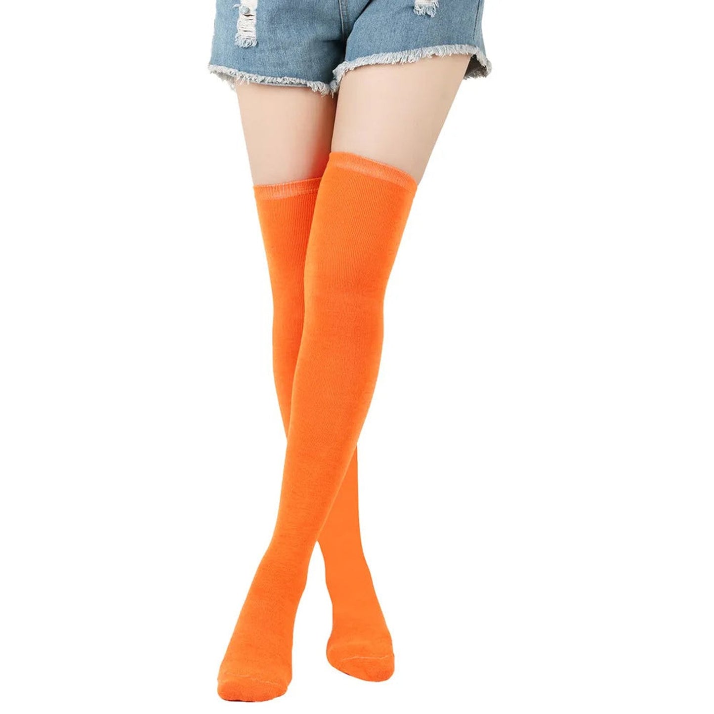 Bright orange striped thigh high socks for women by LuckeLadybug LLC, perfect for adding style to any outfit