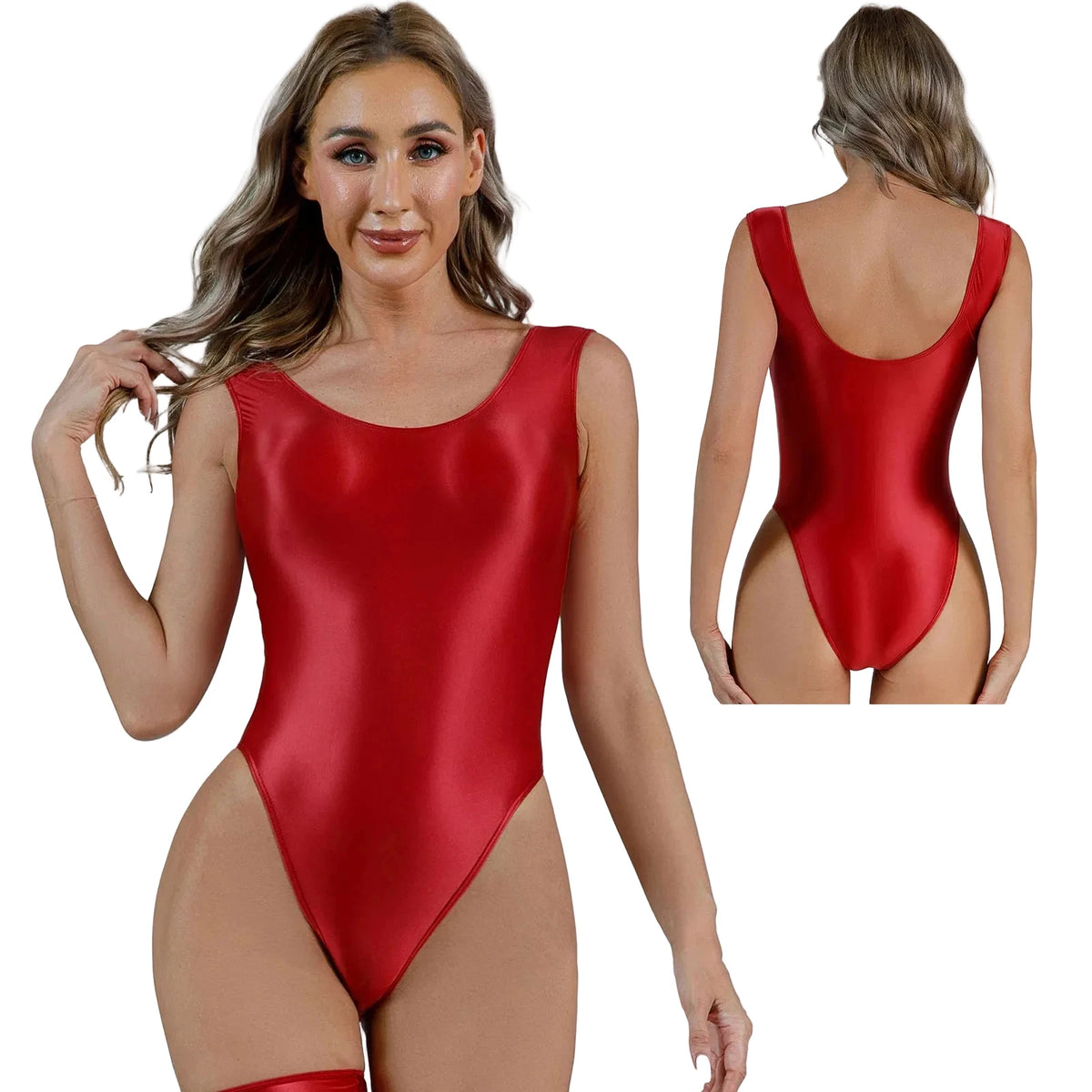 A woman modeling a shiny red sleeveless bodysuit, shown from the front and back against a plain white background.