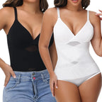 Two women wearing black and white bodysuits on a plain background