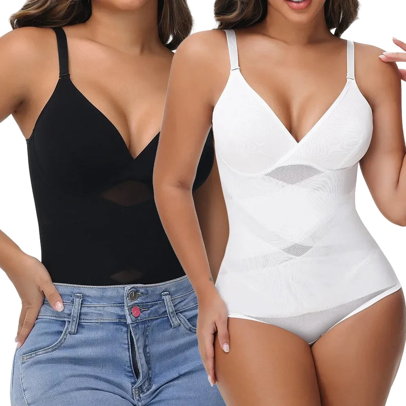 Two women wearing black and white bodysuits on a plain background