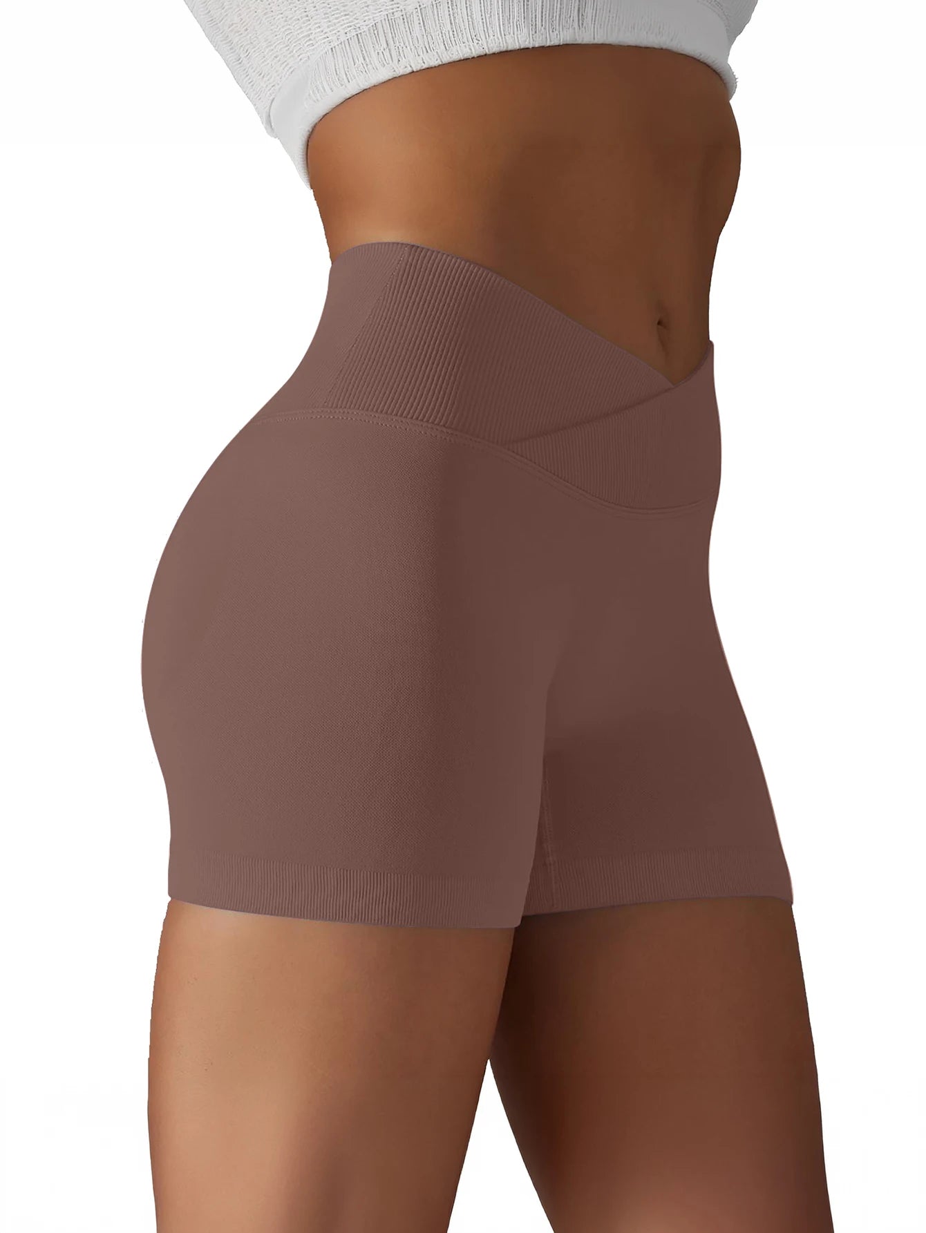 Cross Waist Workout Shorts - High Waisted Ribbed Biker