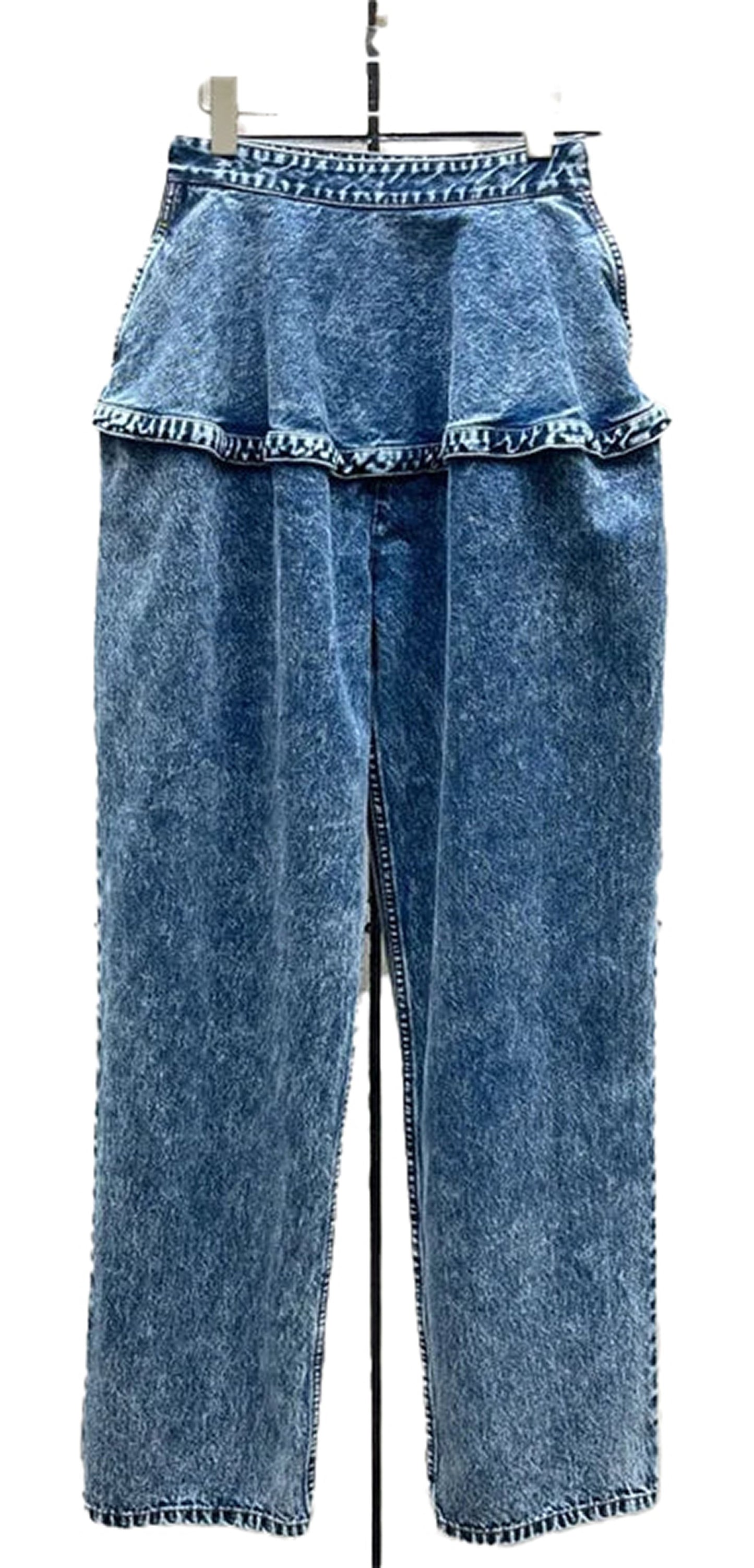 Womens Retro Washed Jeans With Ruffle Detail
