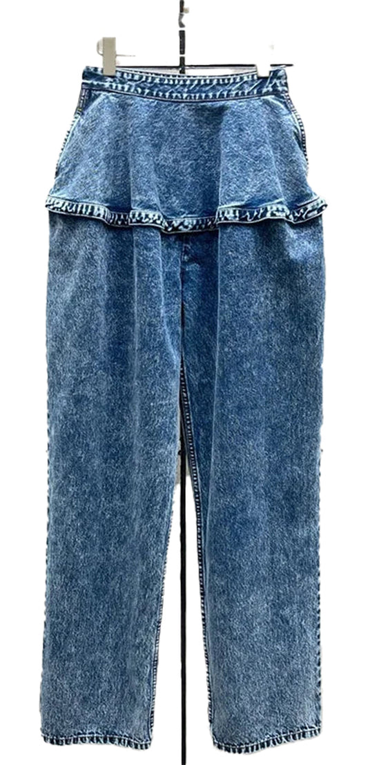 Womens Retro Washed Jeans With Ruffle Detail