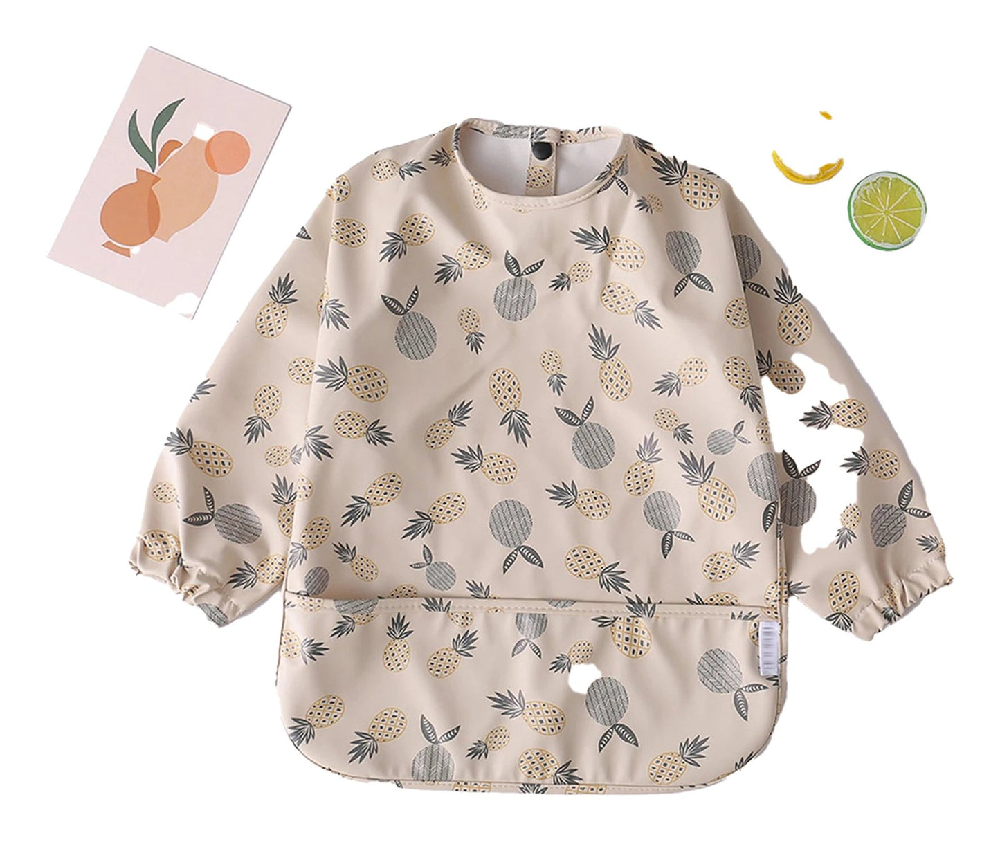 LuckeLadybug LLC Waterproof baby art smock featuring a fun fruit print with long sleeves and a front pocket