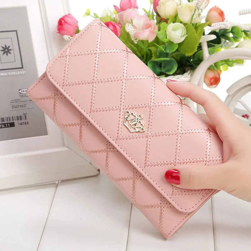 Pink Plaid PU Leather Long Wallet with Hasp and Phone