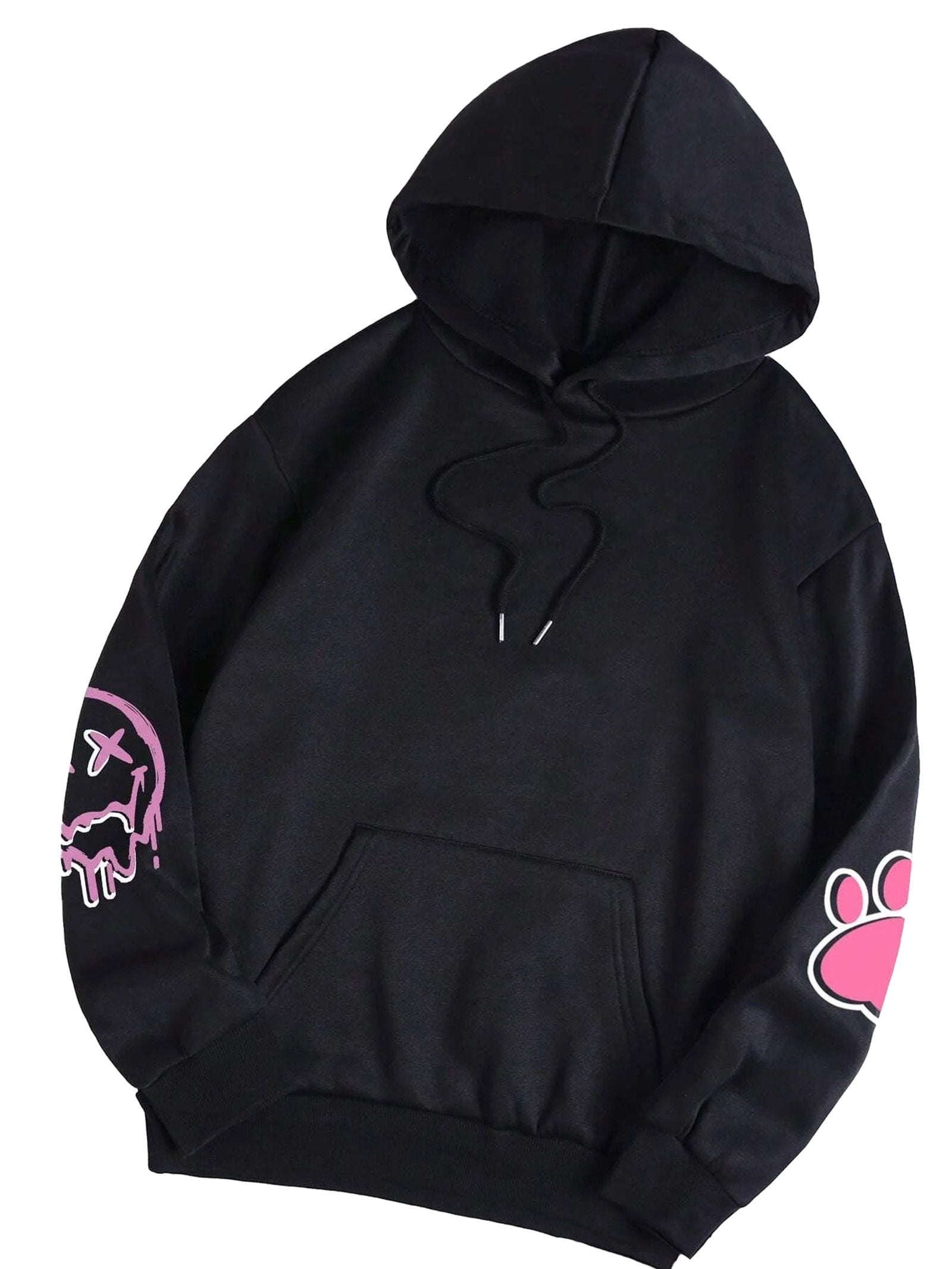 Black hip hop printed oversized hoodie for women with graphic details on sleeves
