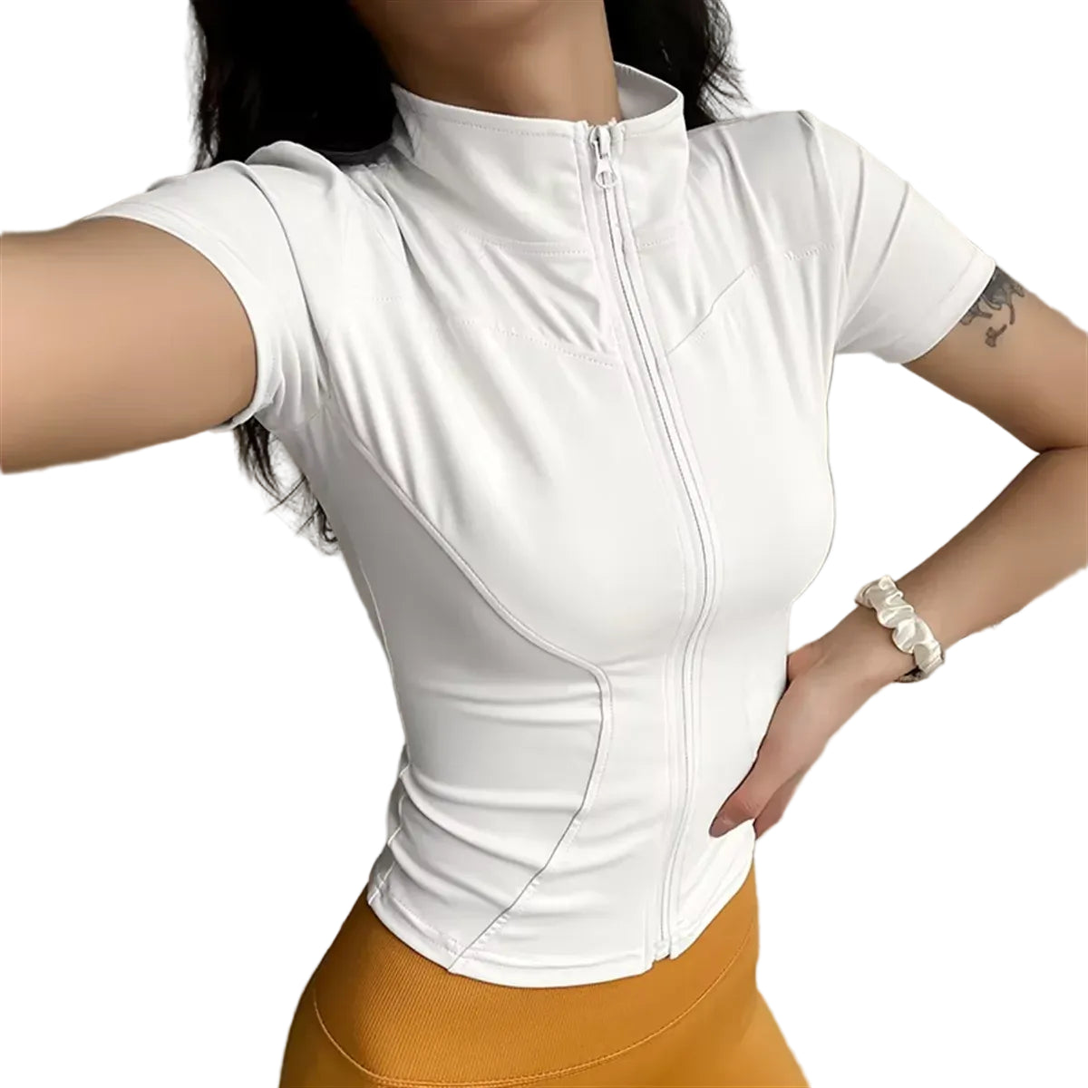 Womens Casual Slim Sports Coat Short Sleeve Zipper Top