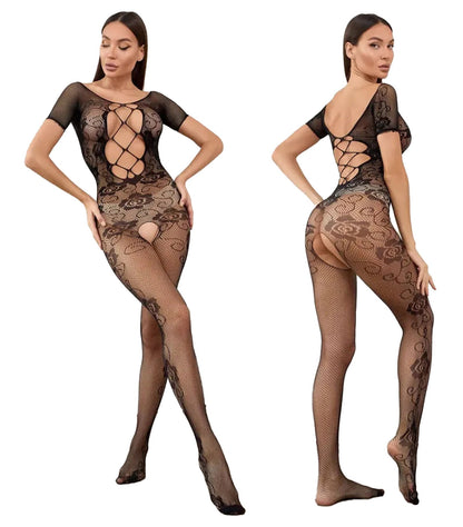 LuckeLadybug LLC sexy mesh lingerie bodysuit with floral lace design and open back for a daring look