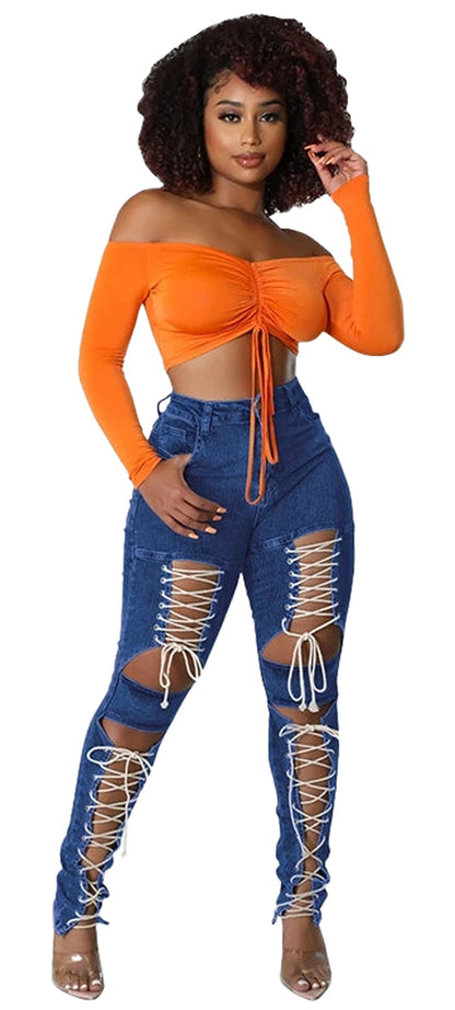 Womens Lace Up Skinny Jeans